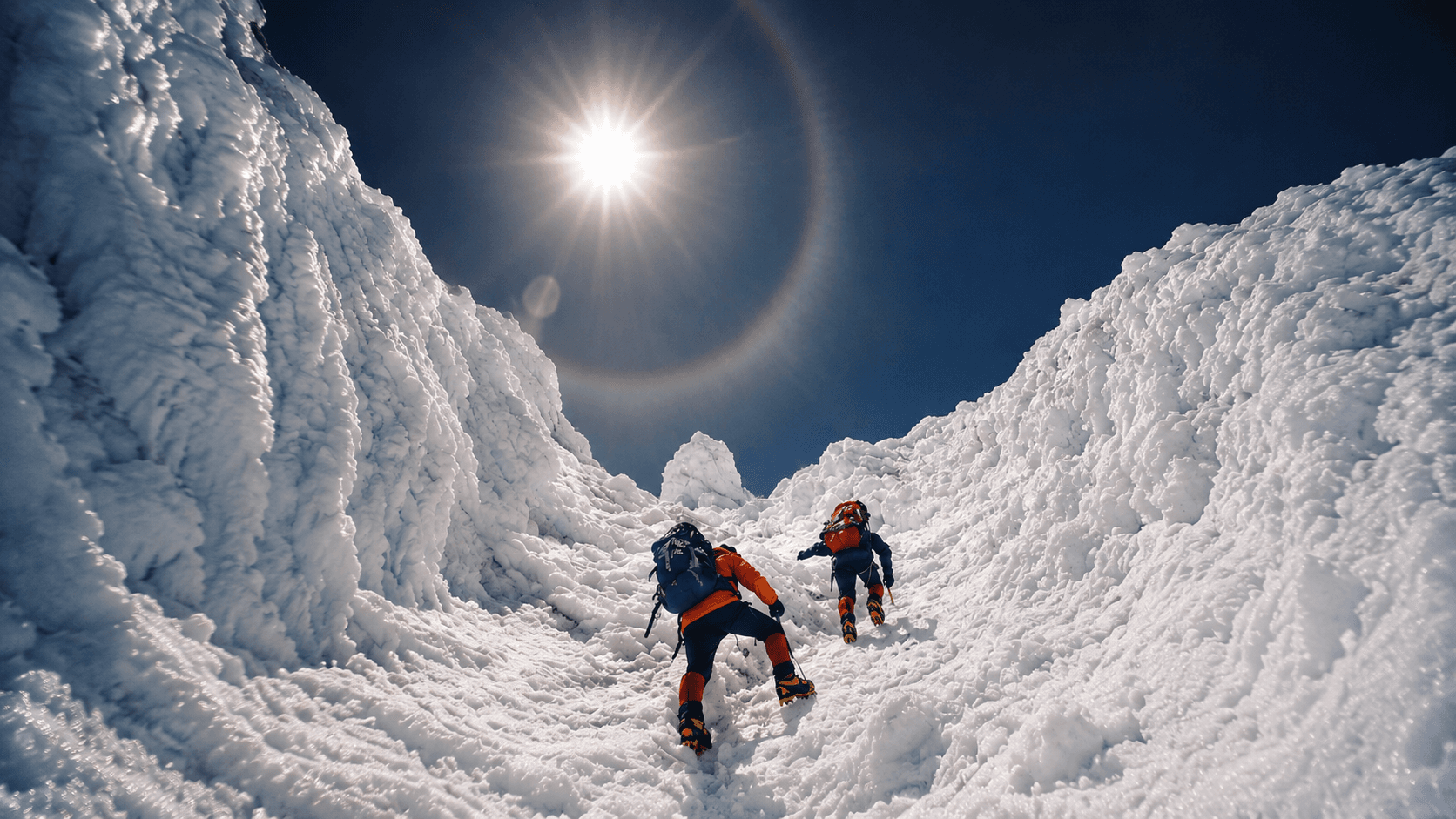 Alpinisti in salita tra i seracchi delle Dolomiti